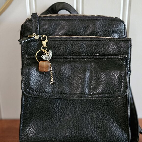 Brown Stone Beaded Keychain with Enamel Butterfly and Black Heart Charm - Picture 7 of 8